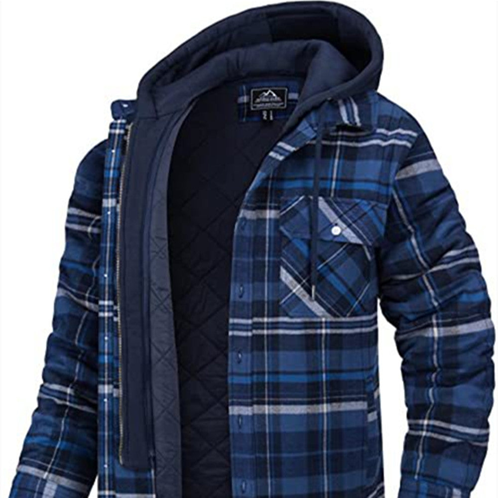 Men's Plaid Hooded Coat Warm Button Zip-up Jacket Casual Thick Padded Long Sleeves Outerwear Clothing