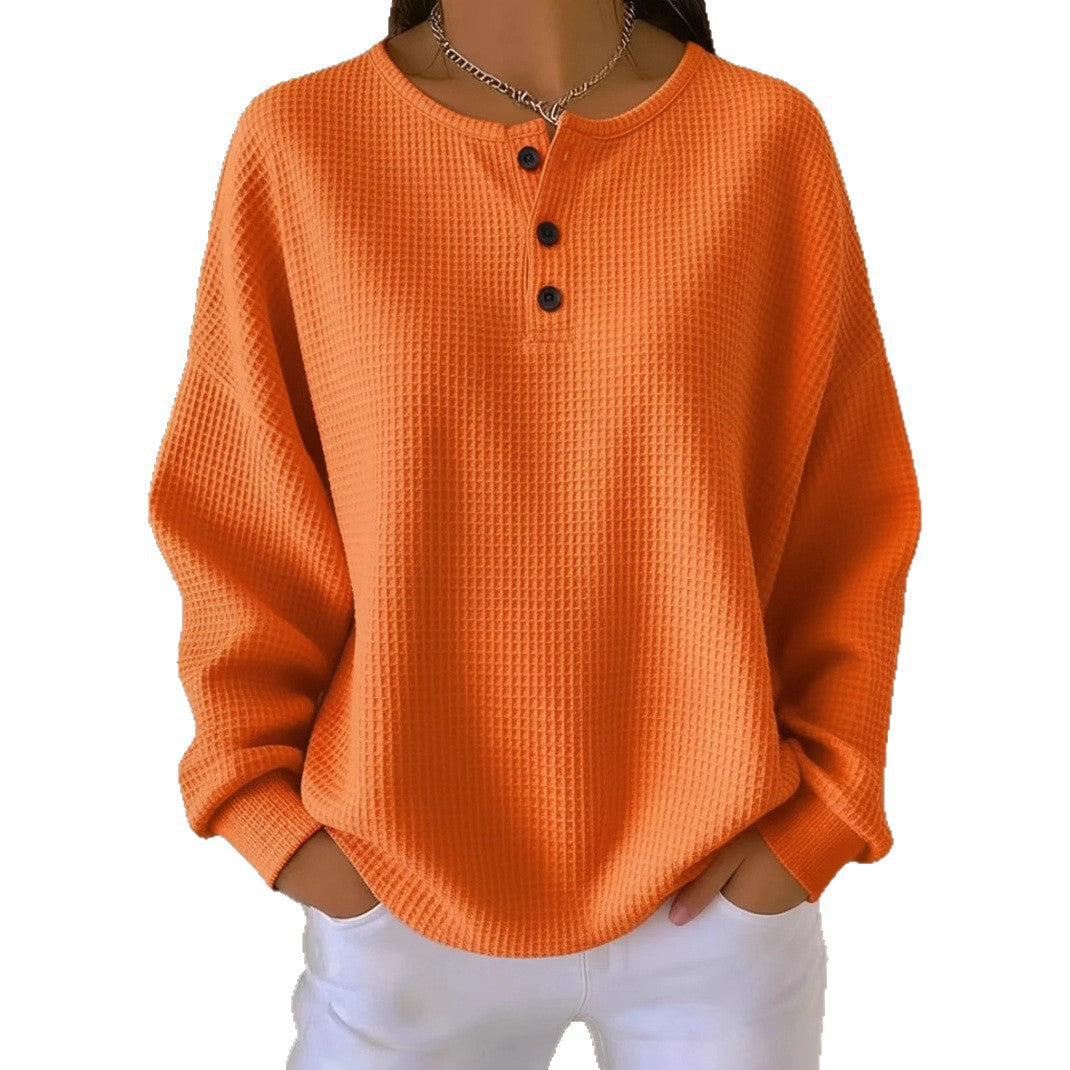 Ins Waffle Long-sleeved T-shirt Solid Color Buttons Round Neck Pullover Top Clothing