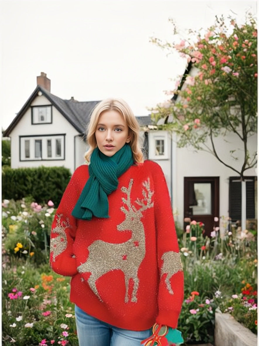 Christmas Sweater Pullover Round Neck Sweater Christmas Elk