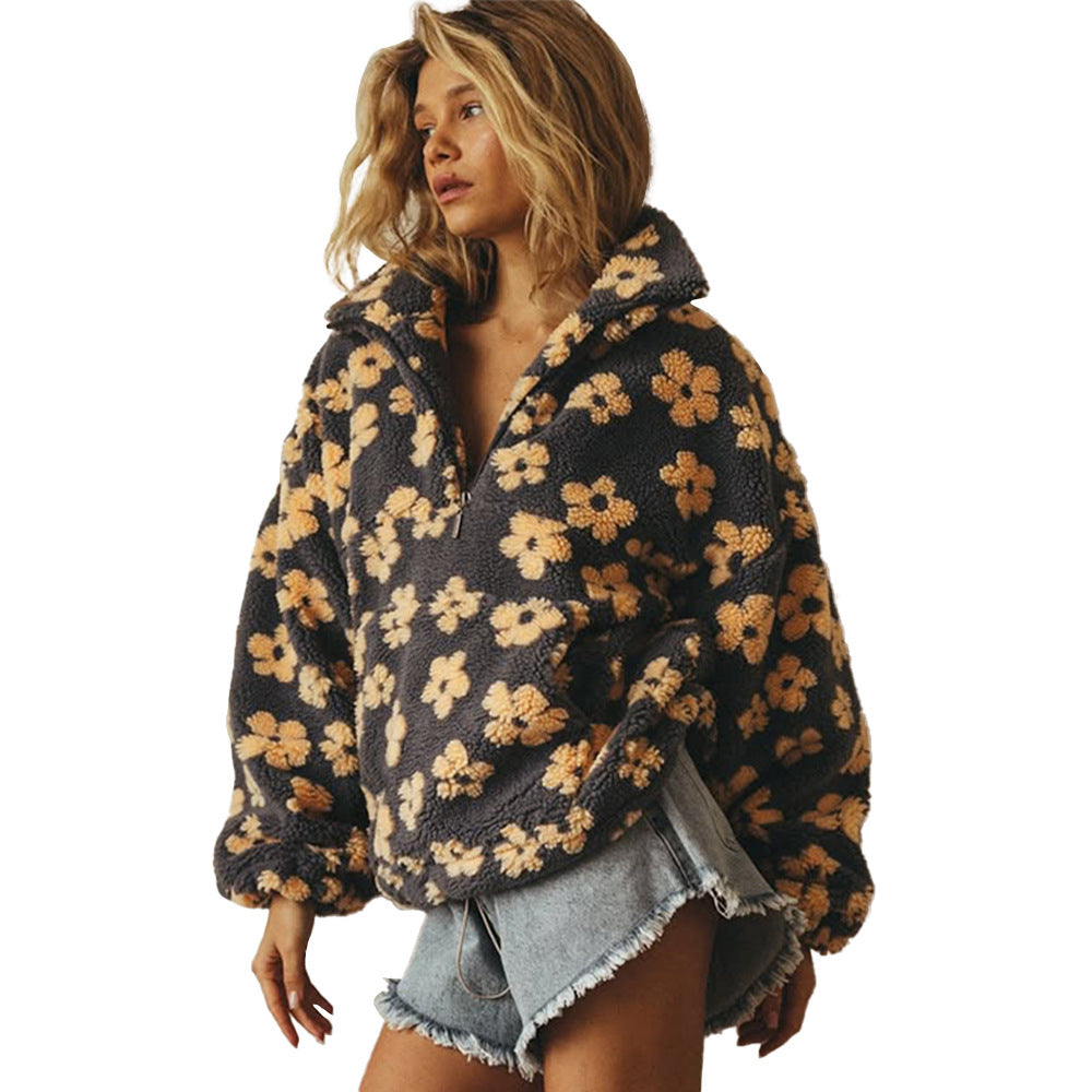 Flowers Lambskin Sweatshirt With Big Pocket Casual Loose Zip-up Lapel Pullover Top Clothing