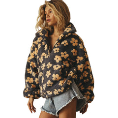 Flowers Lambskin Sweatshirt With Big Pocket Casual Loose Zip-up Lapel Pullover Top Clothing
