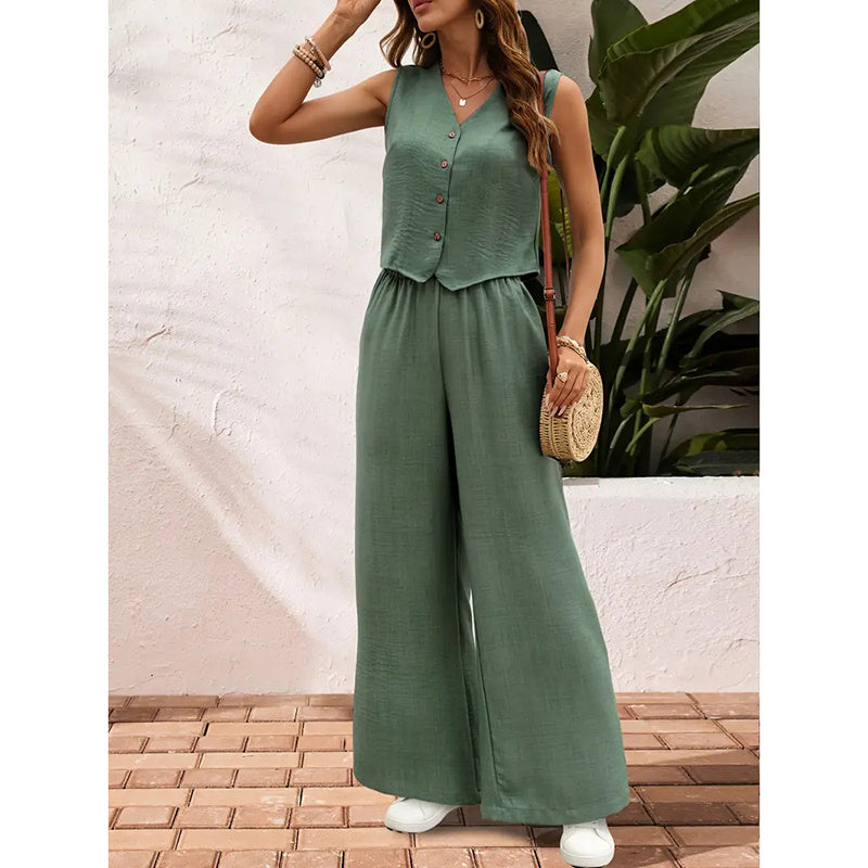 Womens Two Piece Outfits Button V Neck Crop Vest Blazer And Wide Leg Pants Suit Matching Sets
