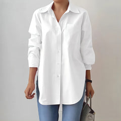 Solid-color Split-neck Long-sleeve Shirt