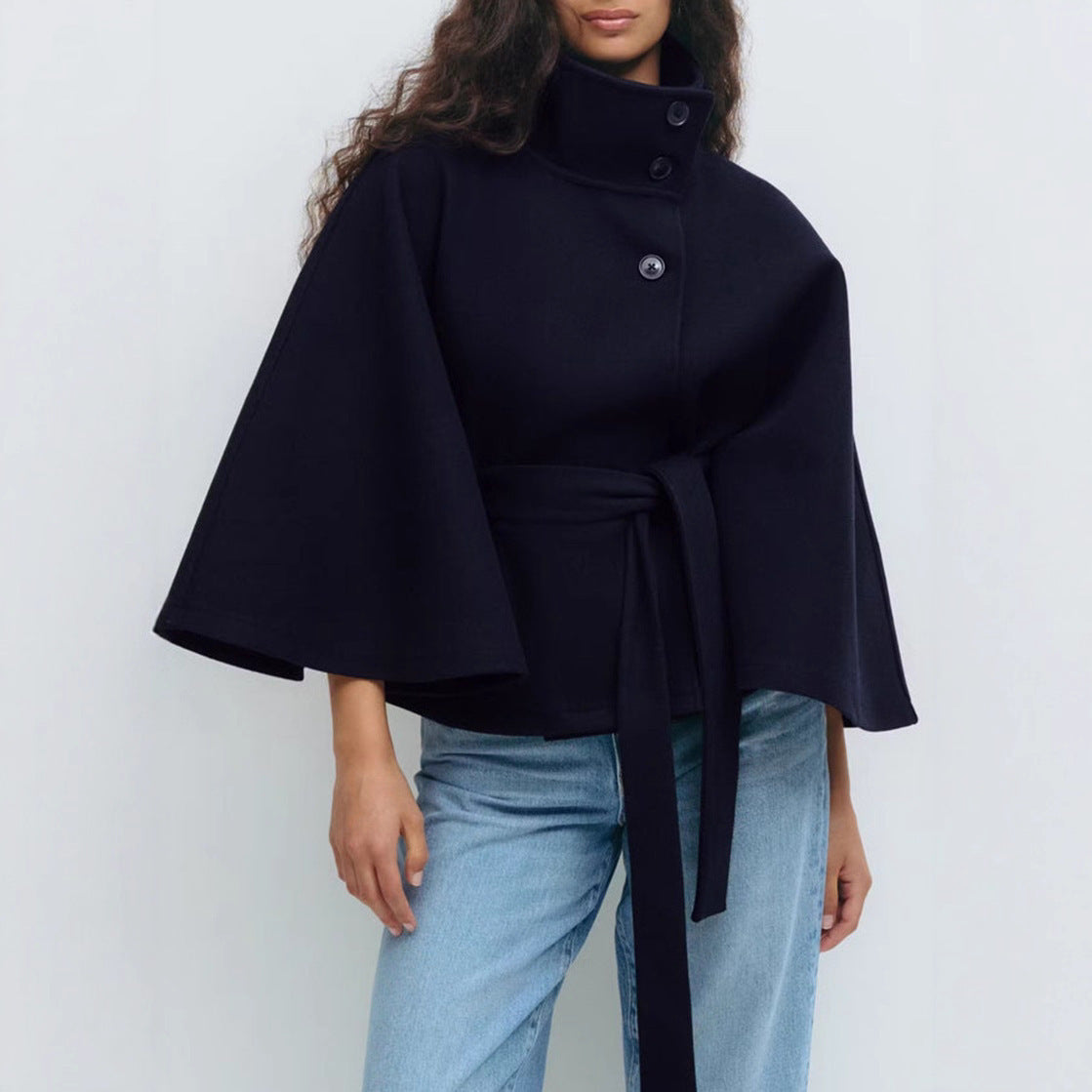 High Neck Batwing Sleeve Coat With Belt Loose Elegant Button Top Trench Coat For Clothing