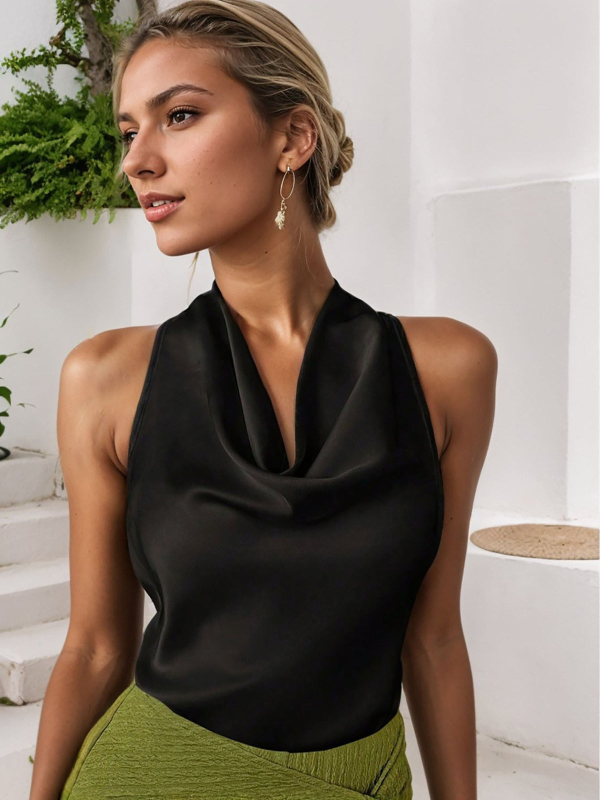 Solid Color Swing Collar Sleeveless Vest Trendy Elegant Shirt With Halter Neckline Backless Short Sleeve Tops Tshirts