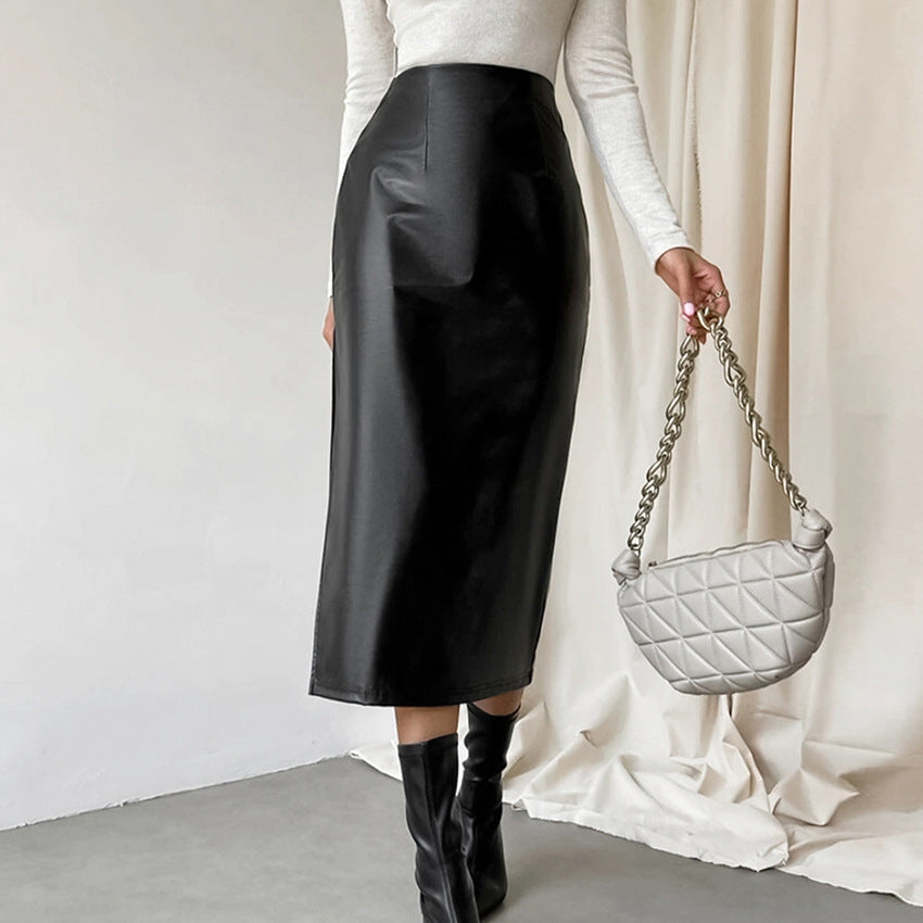Commuter French Sheath PU Leather Skirt And Black Slit Straight Skirt