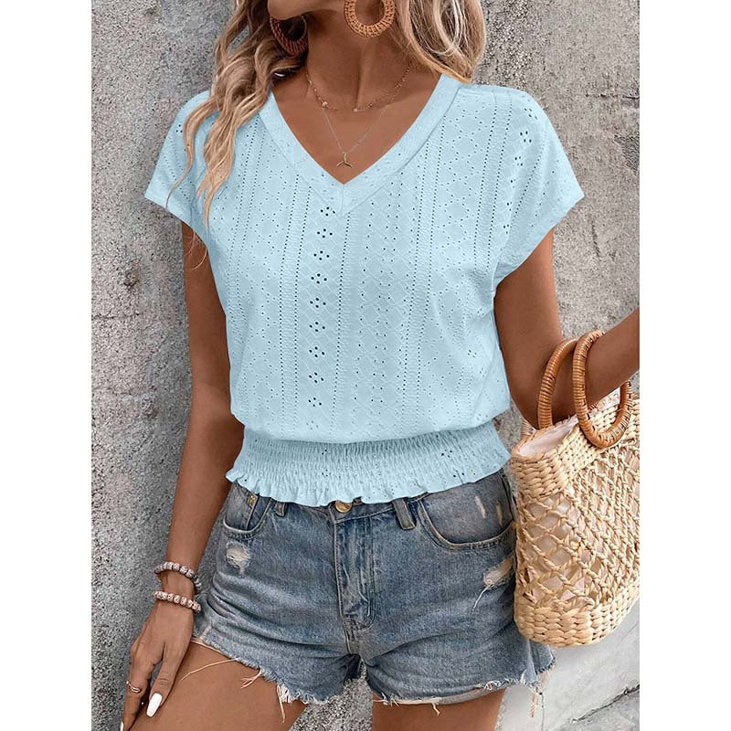 Eyelet Top Casual V Neck Short Sleeve Smocked Shirts Loose Tunic Tops Blouses