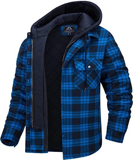 Men's Plaid Hooded Coat Warm Button Zip-up Jacket Casual Thick Padded Long Sleeves Outerwear Clothing