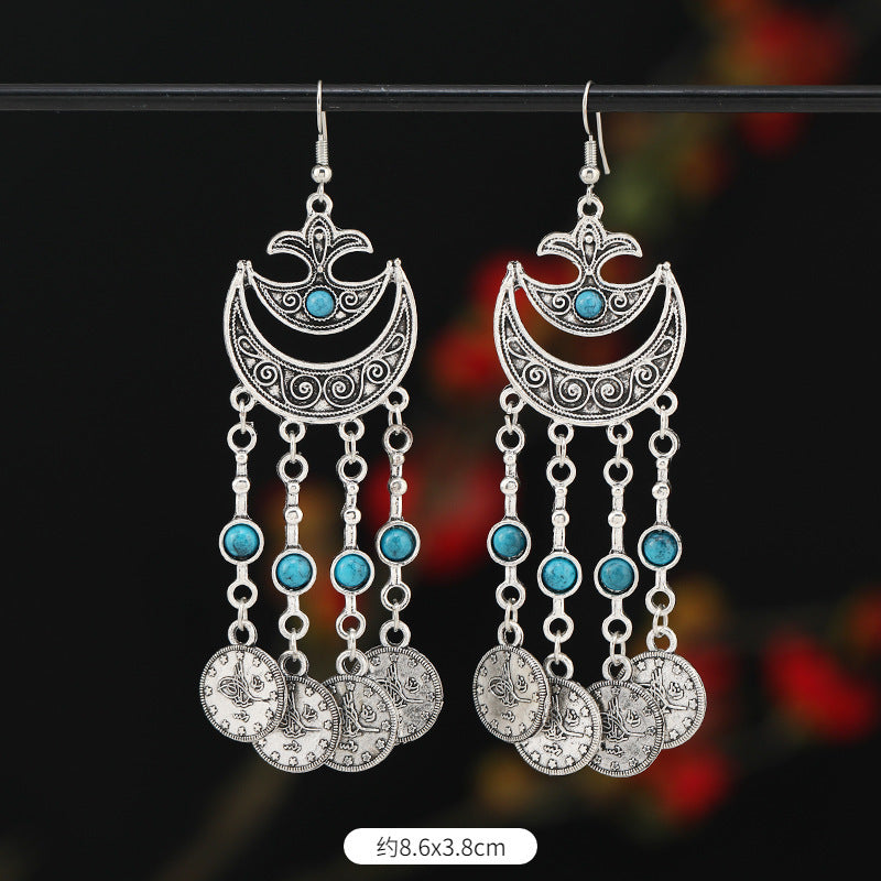 Retro Exotic Antique Silver Coin Tassel Earrings