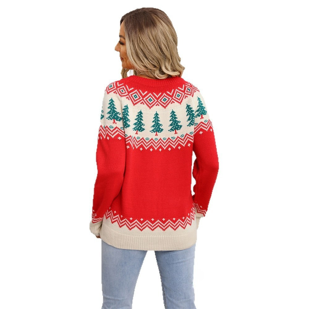 Casual Loose Jacquard Christmas Tree Pullover Knitted Sweater