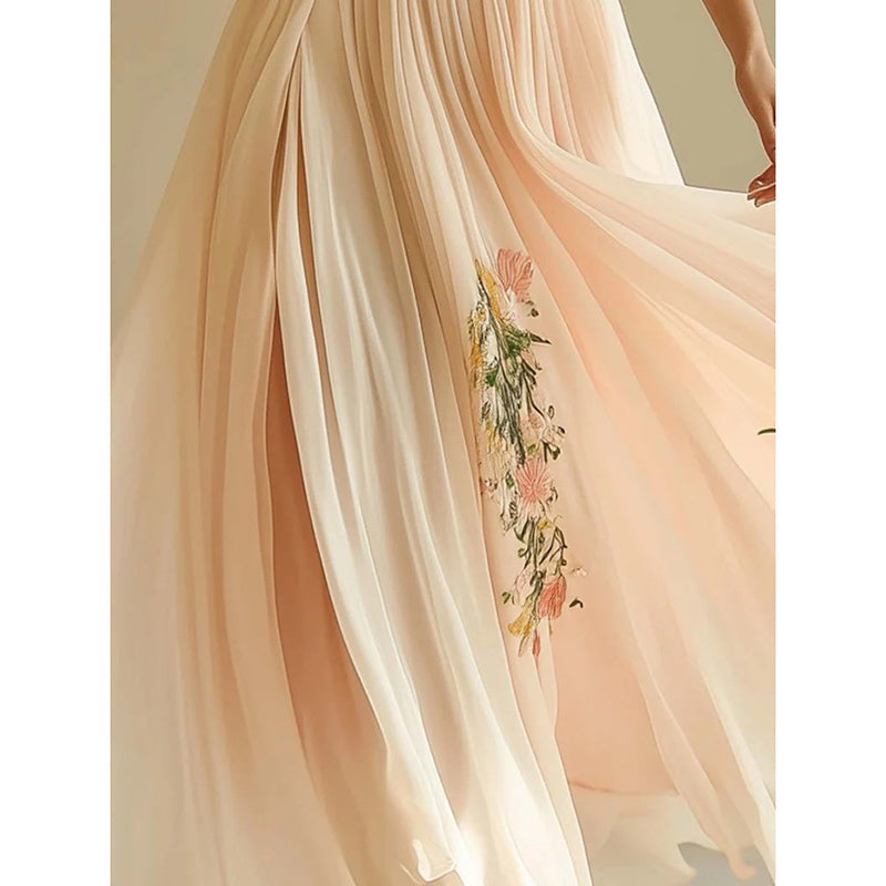 Floral Print V Neck Pleated Chiffon Dress Flutter Short Sleeve Maxi Flowy Beach Wedding Guest Dresses