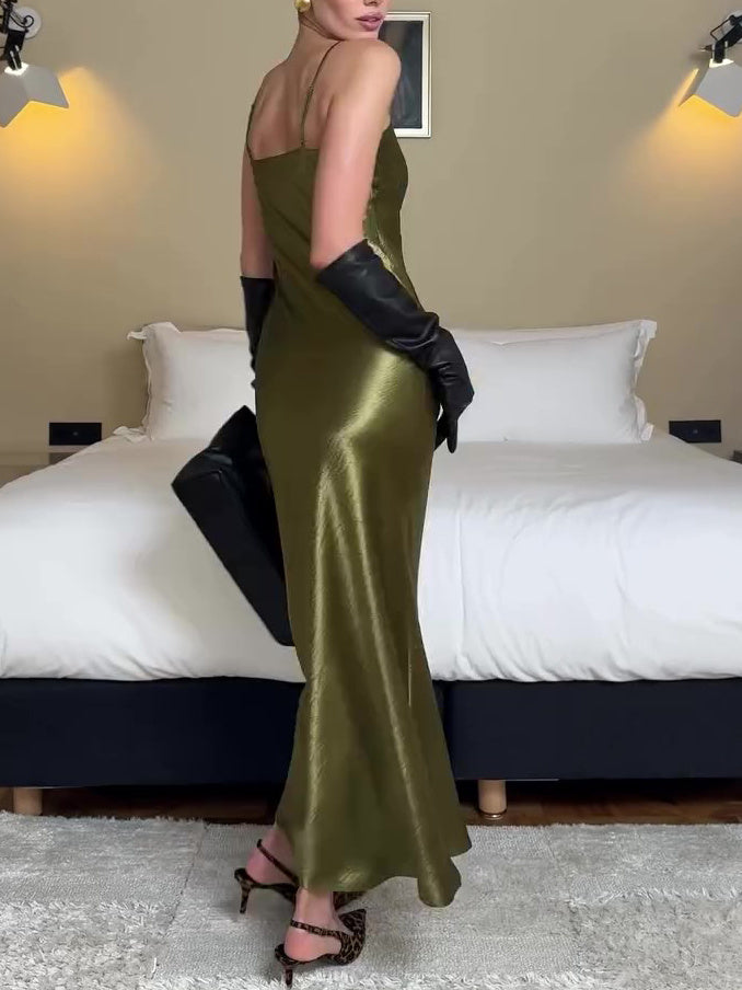Olive Green Satin Slip Dress â€?Elegant Minimalist Silhouette