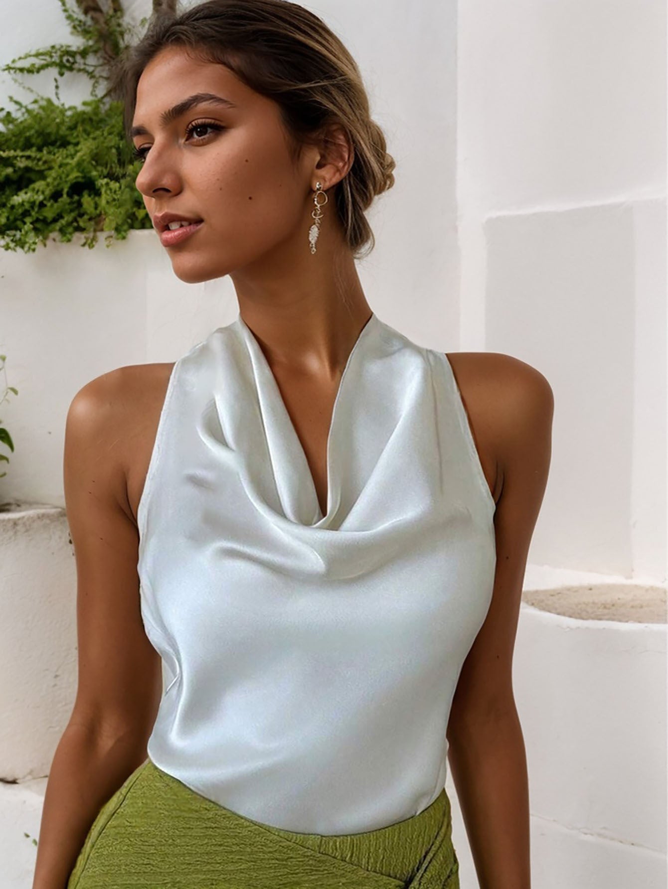 Solid Color Swing Collar Sleeveless Vest Trendy Elegant Shirt With Halter Neckline Backless Short Sleeve Tops Tshirts