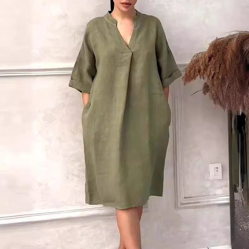 Cotton Linen V-neck Loose Plus Size Dress