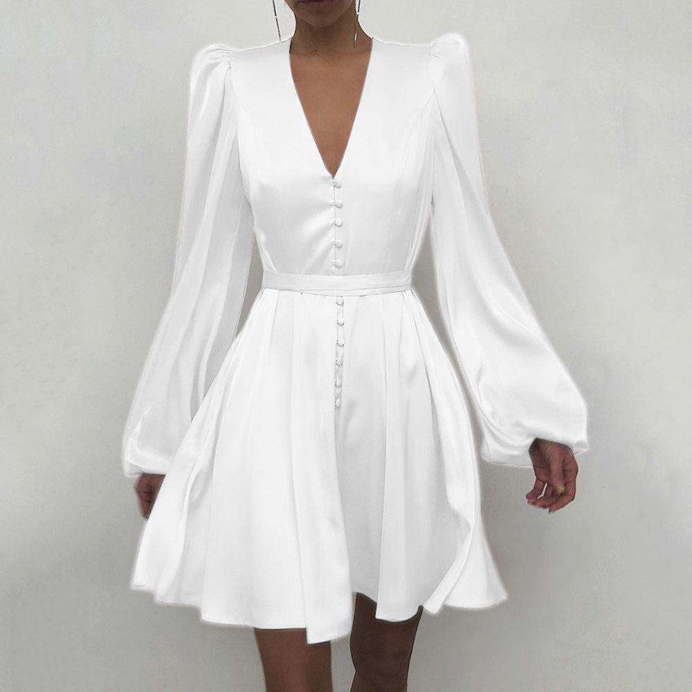 Spring Satin V-Neck Slim Dress â€?Elegant Temperament Style