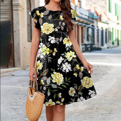 Ruffle Sleeve Dress Loose Flower Print Beach Dresses Sweet Skirt Women