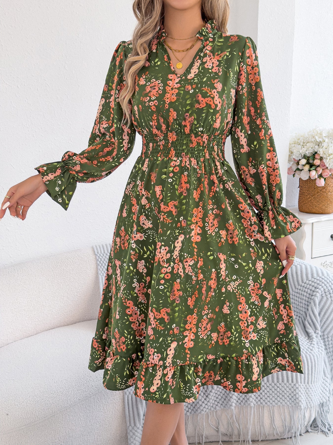 Casual Floral Print Bell Sleeve Tie Waist A-Line Dress