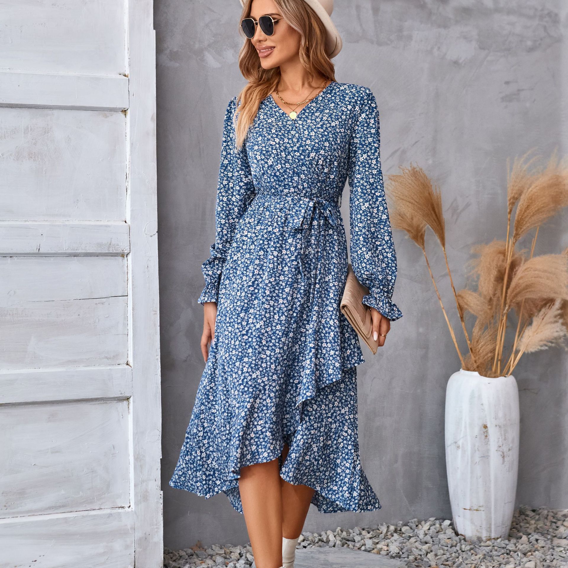 Flowers Print Long Sleeve Dress Ruffled Commuter Temperament Dresses Womens Clothing