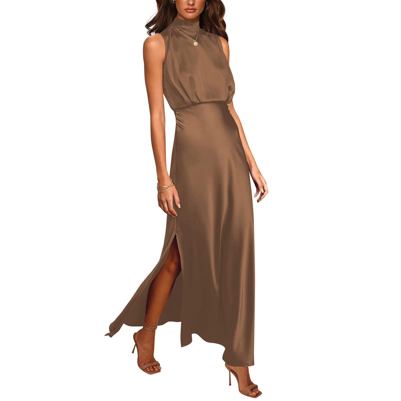 Satin Stand Collar Dress â€?Elegant High-Neck Silky Style
