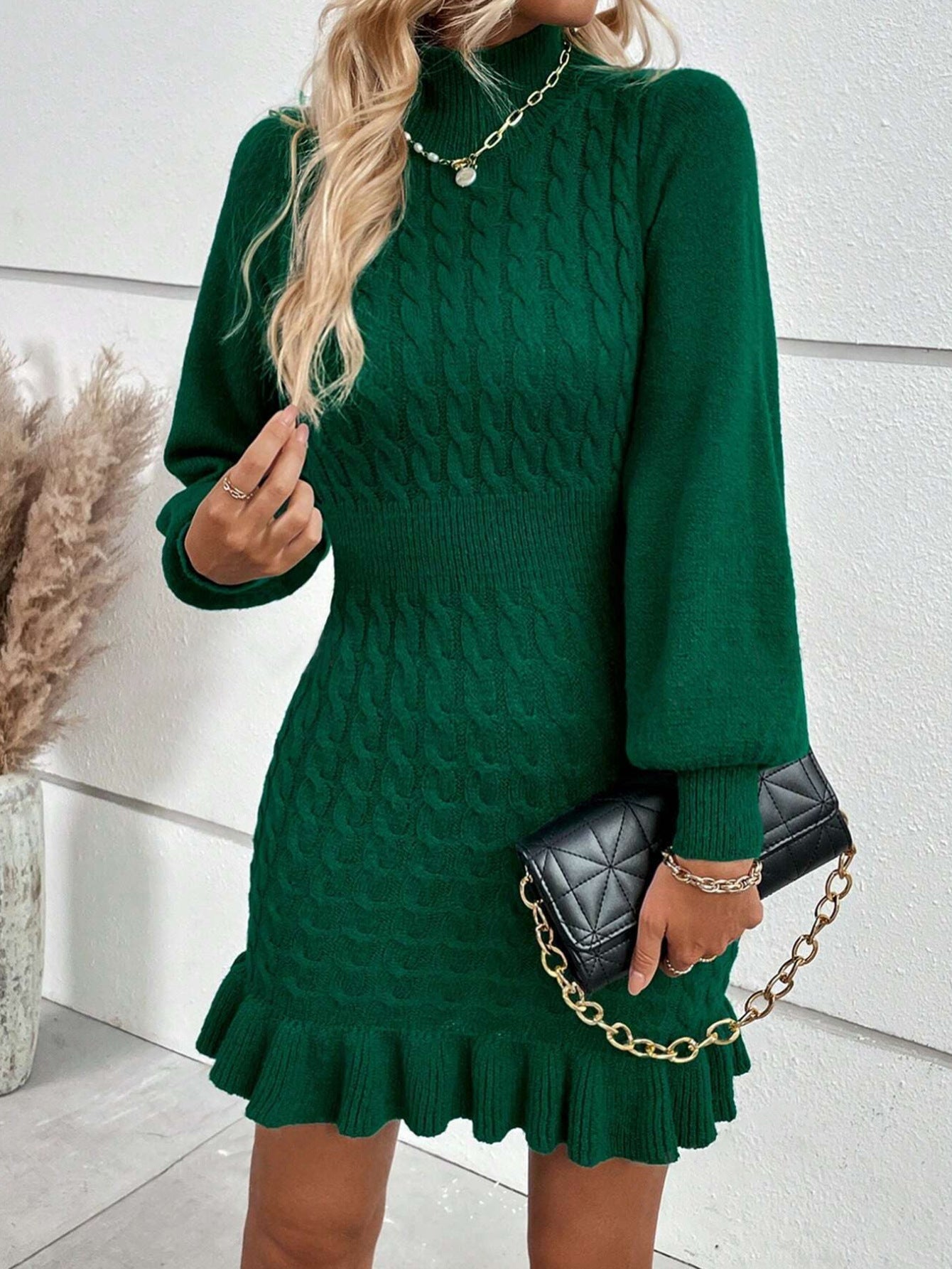 Clothing Temperament Twisted Waist Solid Color Dress