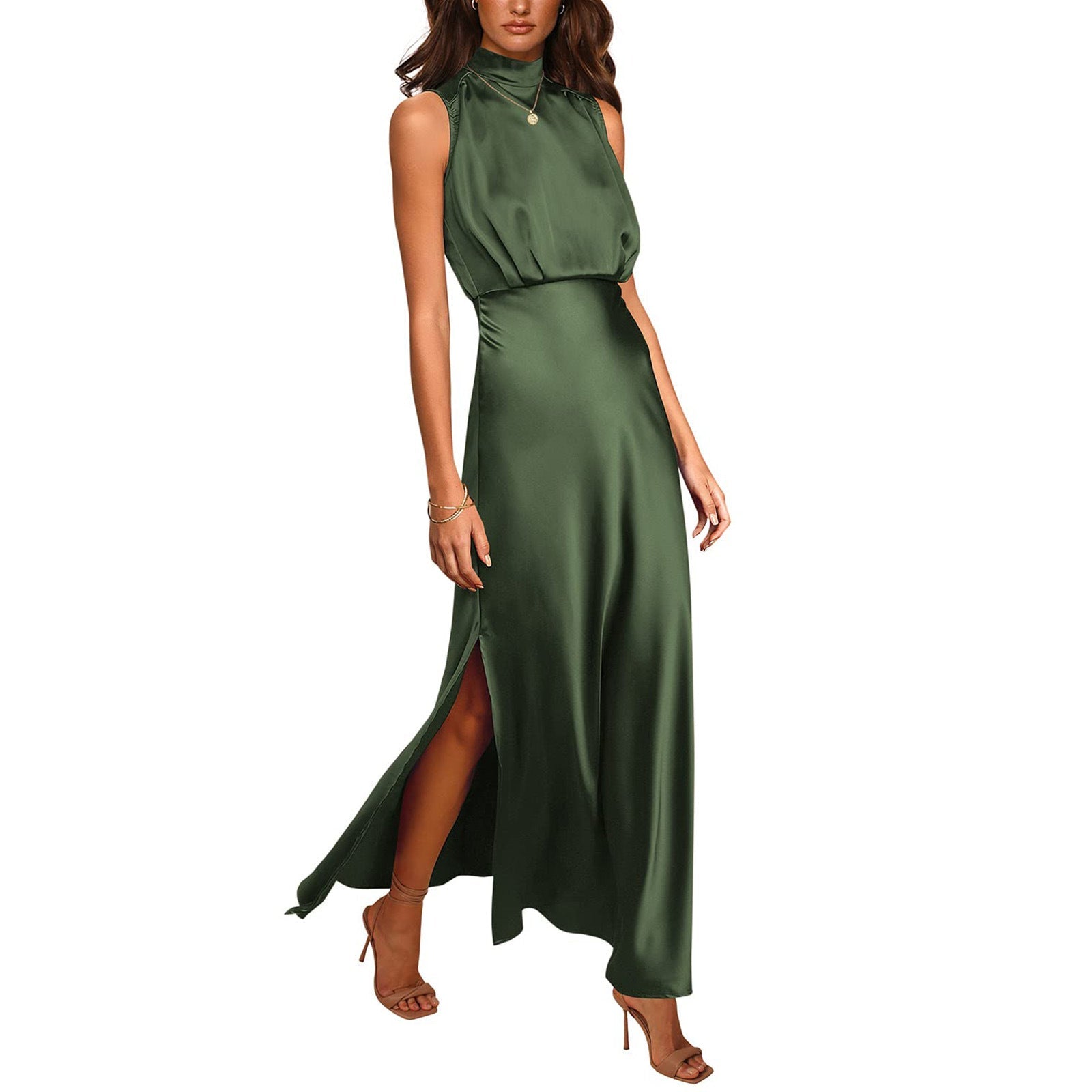Satin Stand Collar Dress â€?Elegant High-Neck Silky Style