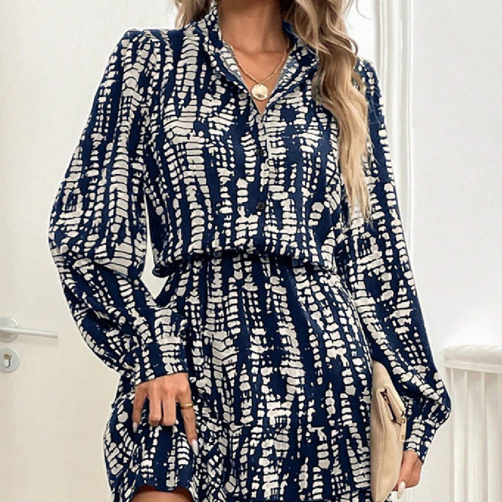 Printed Ruffled Long Sleeve Dress Women