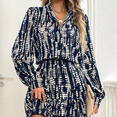 Printed Ruffled Long Sleeve Dress Women