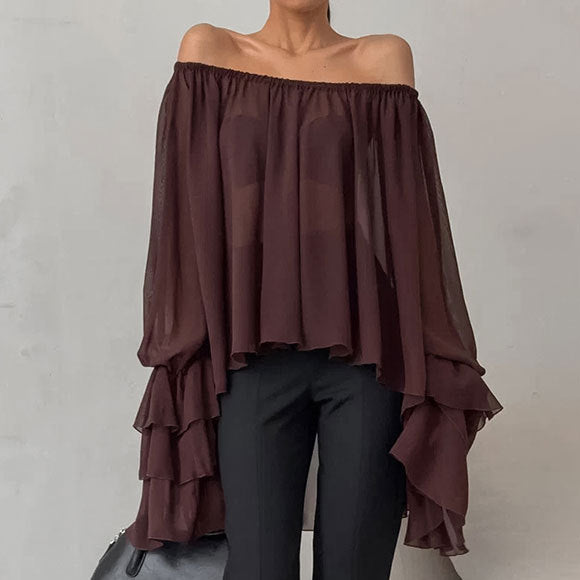 Dark Brown Off-shoulder Ruffle Top Thin Long Sleeve Chiffon Shirt