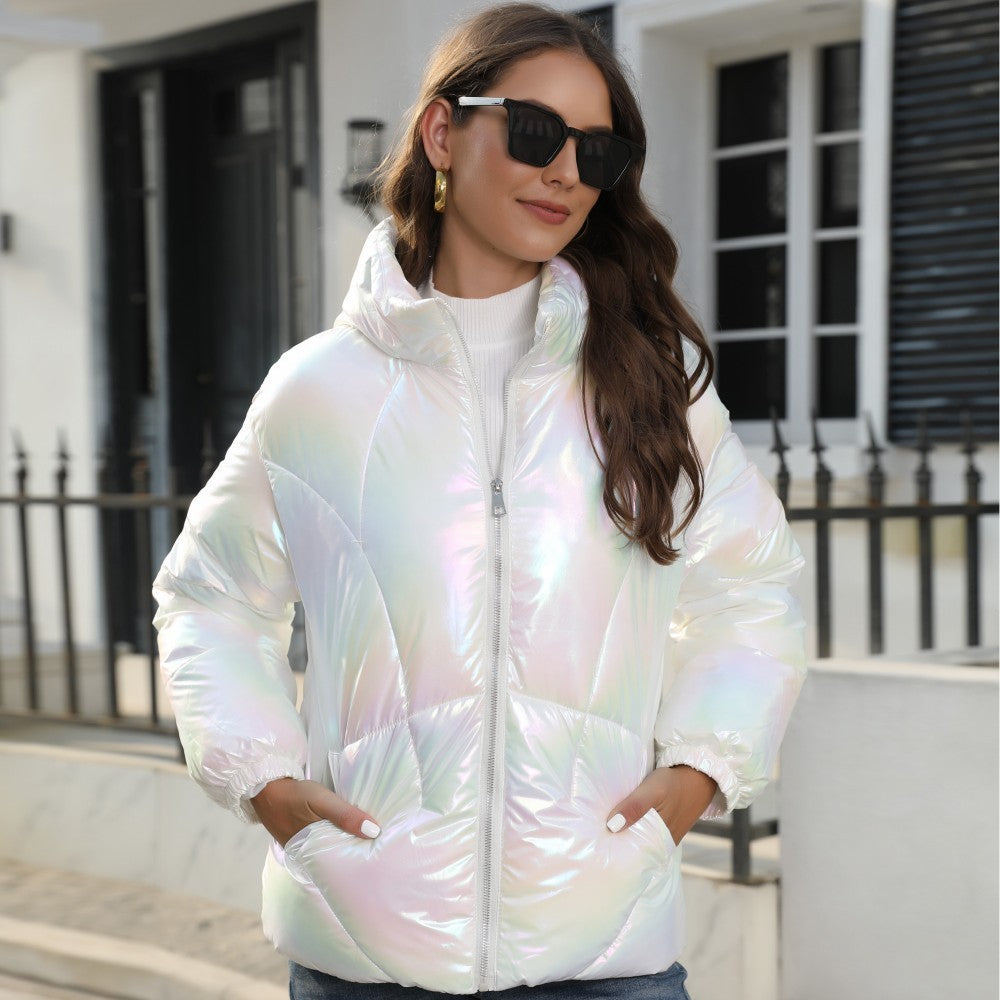 Shiny Surface Cotton Cloth Hooded Puffer Jacket Coat