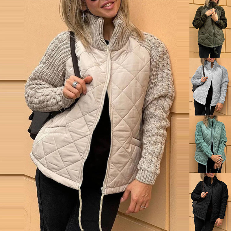 Stand Collar Cotton Jacket With Pockets Knitted Stitching Zipper Coat Warm Tops For Clothing