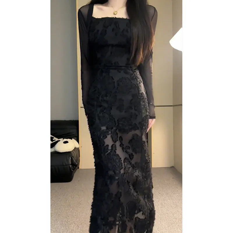 Elegant Black Lace Sling Dress