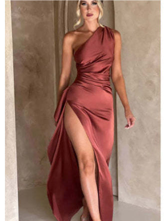 One-shoulder Backless Slit Dress Elegant Slim-fit Solid Color Satin Dresses For Women
