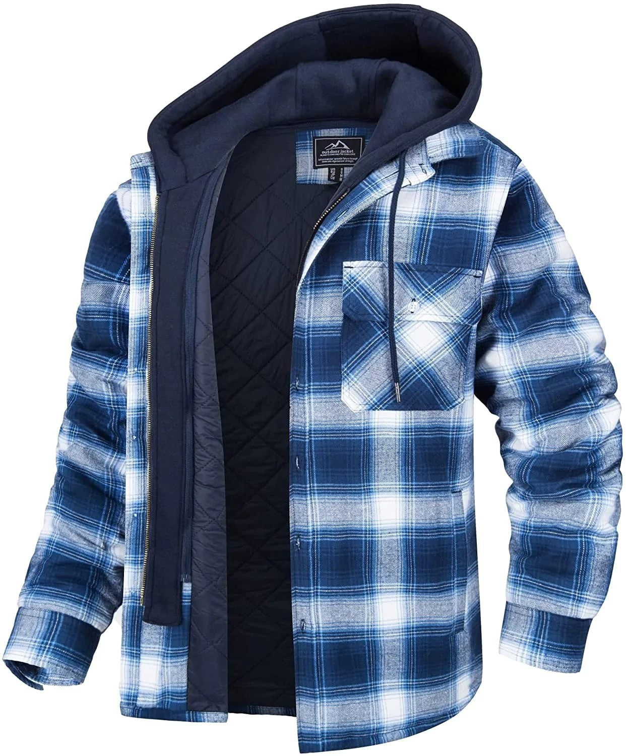 Men's Plaid Hooded Coat Warm Button Zip-up Jacket Casual Thick Padded Long Sleeves Outerwear Clothing