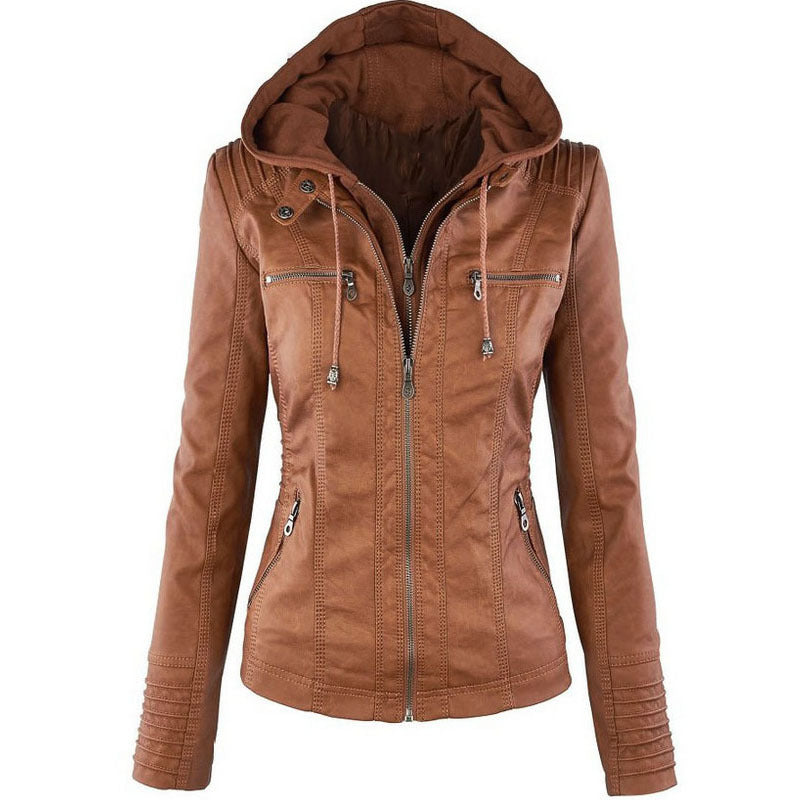 Detachable Hooded Jacket With Pockets Casual Solid Color Zipper Long Sleeve Leather Coat Clothing