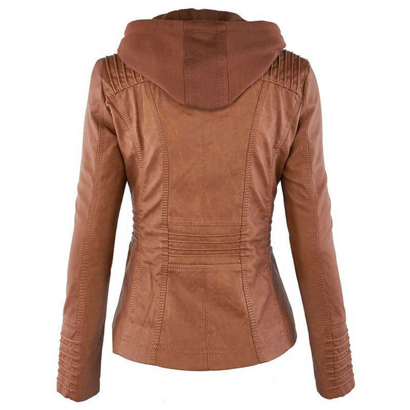 Detachable Hooded Jacket With Pockets Casual Solid Color Zipper Long Sleeve Leather Coat Clothing