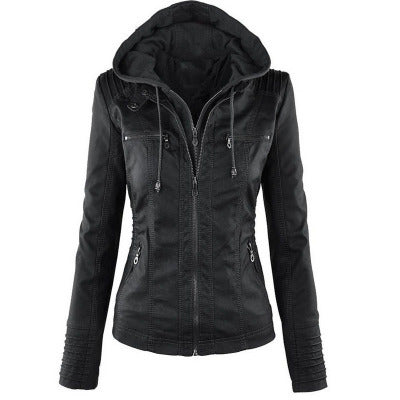Detachable Hooded Jacket With Pockets Casual Solid Color Zipper Long Sleeve Leather Coat Clothing