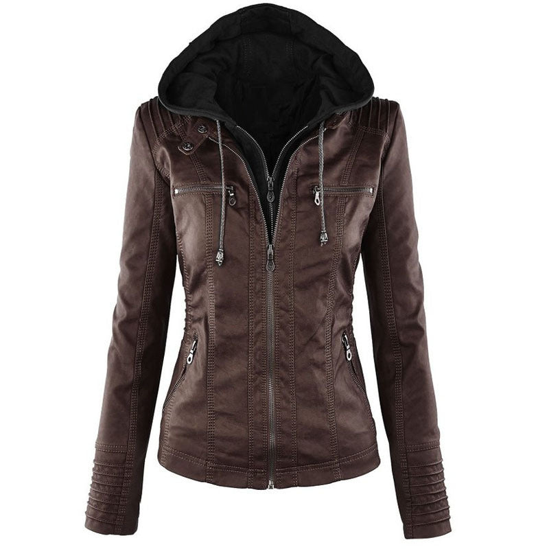 Detachable Hooded Jacket With Pockets Casual Solid Color Zipper Long Sleeve Leather Coat Clothing