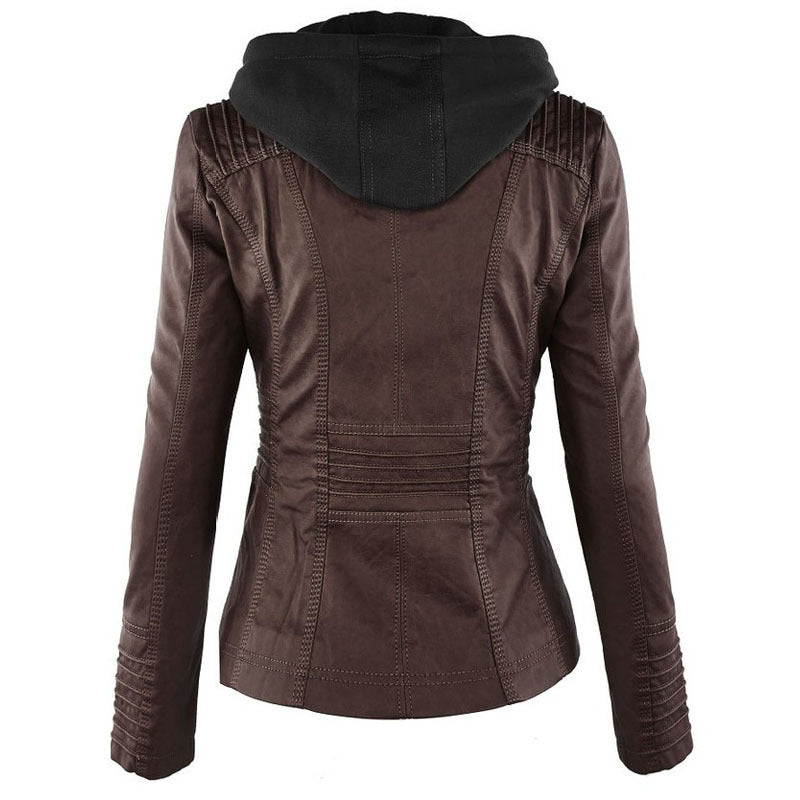 Detachable Hooded Jacket With Pockets Casual Solid Color Zipper Long Sleeve Leather Coat Clothing
