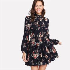 Floral A-Line Dress â€?Elegant Multicolor Long Sleeve High-Waist Tie Neck Dress