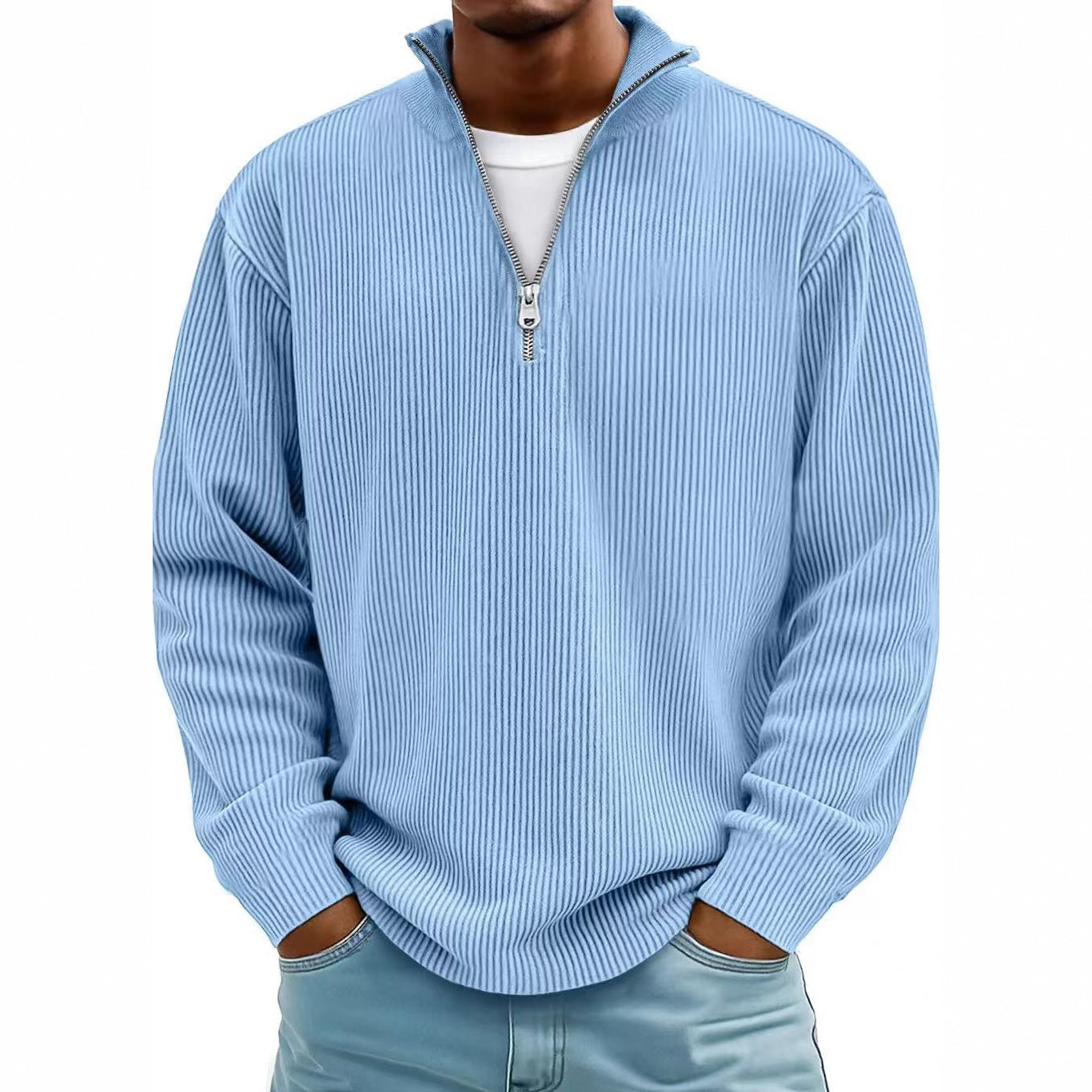 Casual Ribbed Stand Collar Zipper Corduroy Long Sleeve