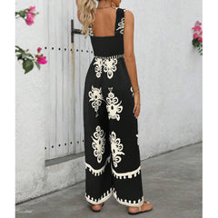 Boho Jumpsuits One Piece Beach Vacation Outfits Shirred Strap Wide Leg Pants Rompers With Pockets