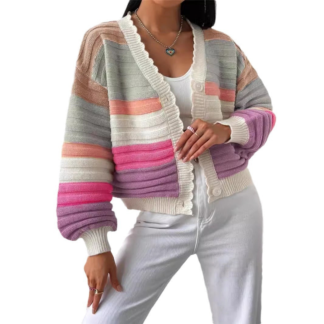 Knitted Cardigan Colorblock Sweater Coat Rainbow Striped Lantern Sleeve