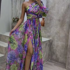One-shoulder Long-sleeved Dress For Women