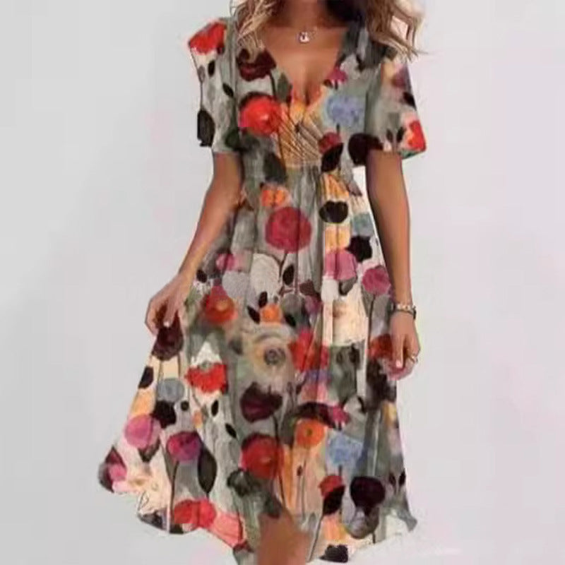 Flowers Printed V-neck Dress A-line Short-sleeved Dresses For Women