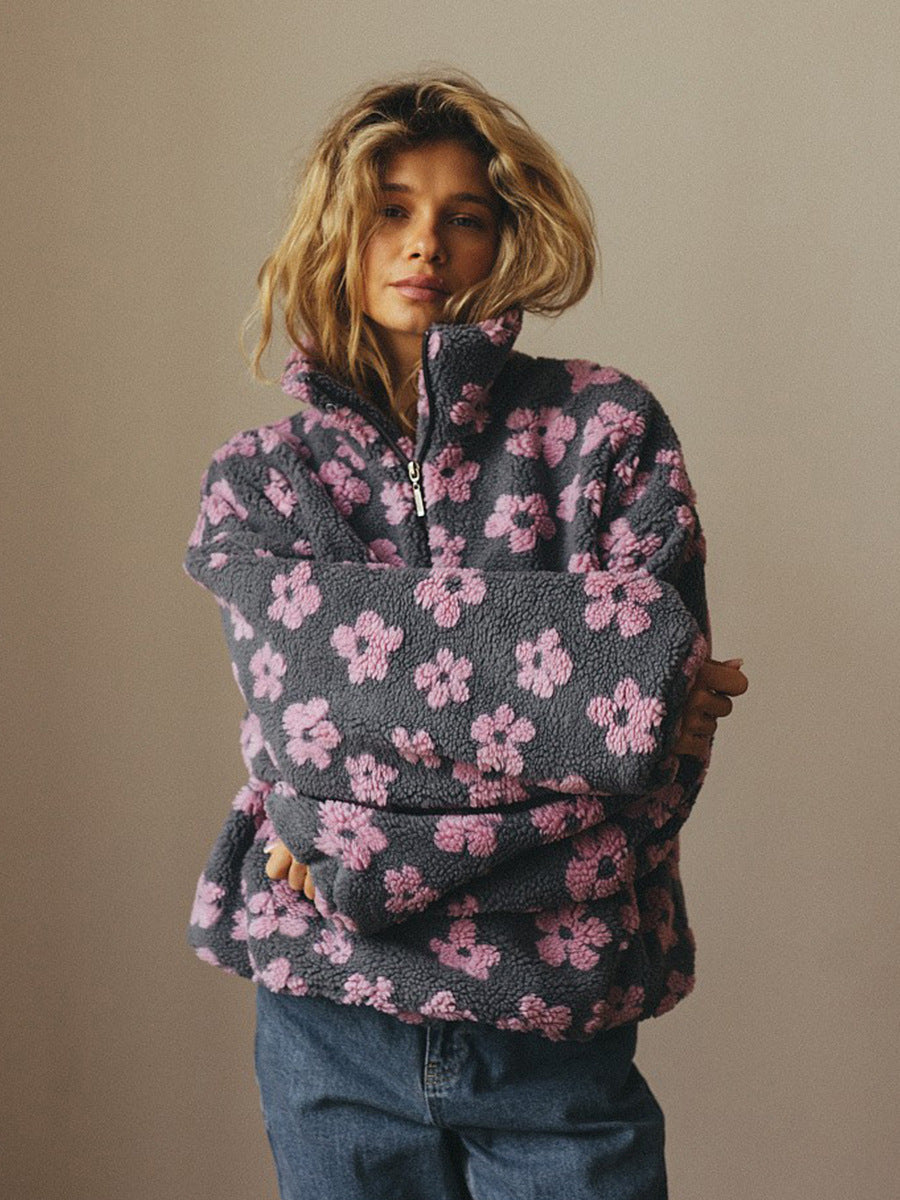 Flowers Lambskin Sweatshirt With Big Pocket Casual Loose Zip-up Lapel Pullover Top Clothing