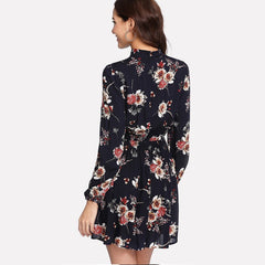 Floral A-Line Dress â€?Elegant Multicolor Long Sleeve High-Waist Tie Neck Dress