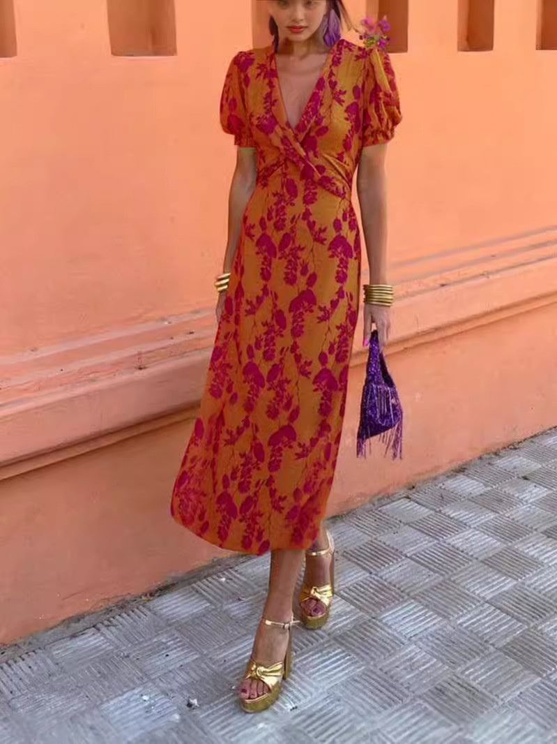 V-neck Short-sleeved Dress Flowers Printed Slim Beach Dresses For Clothing