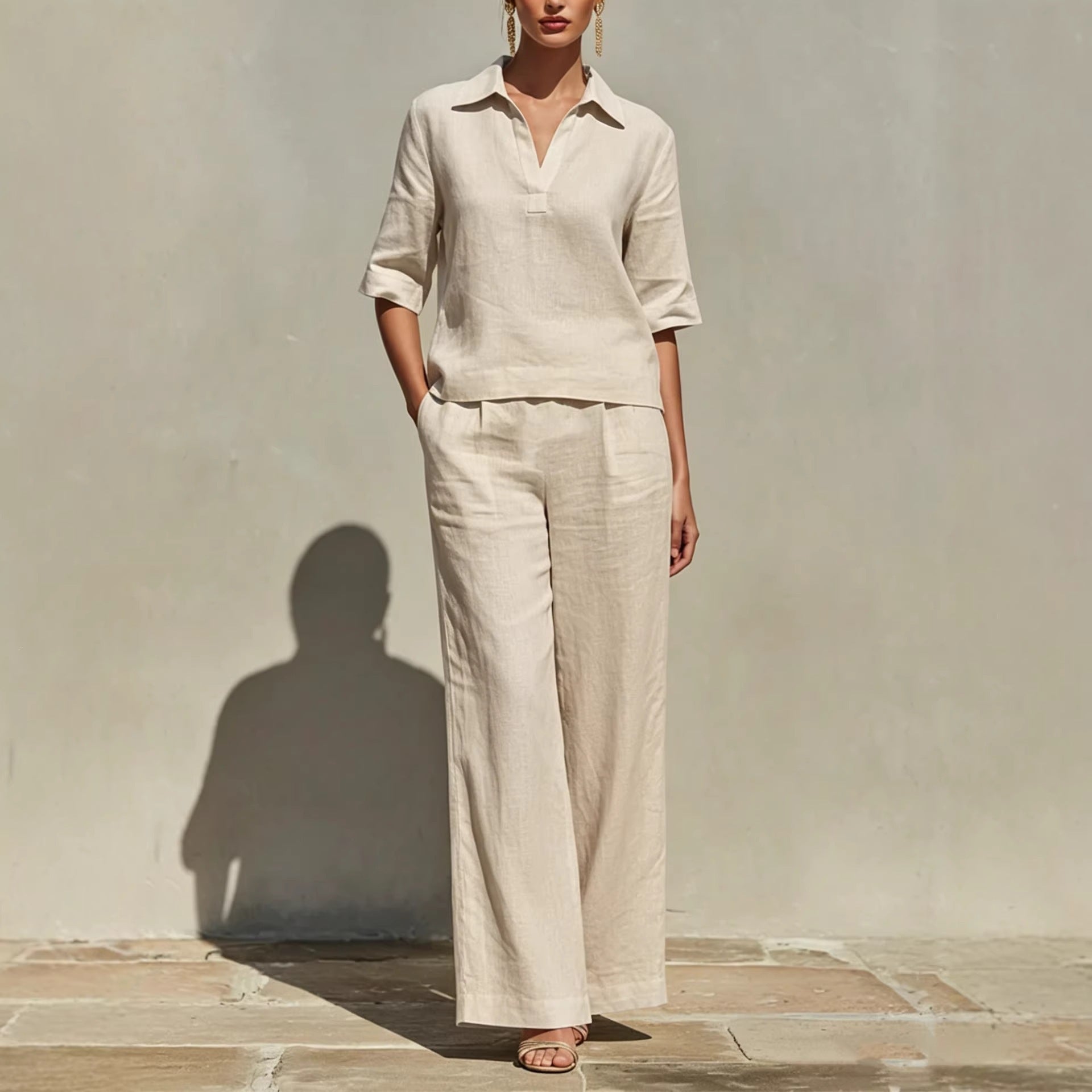 Solid-Colored Casual Linen Two-Piece Set