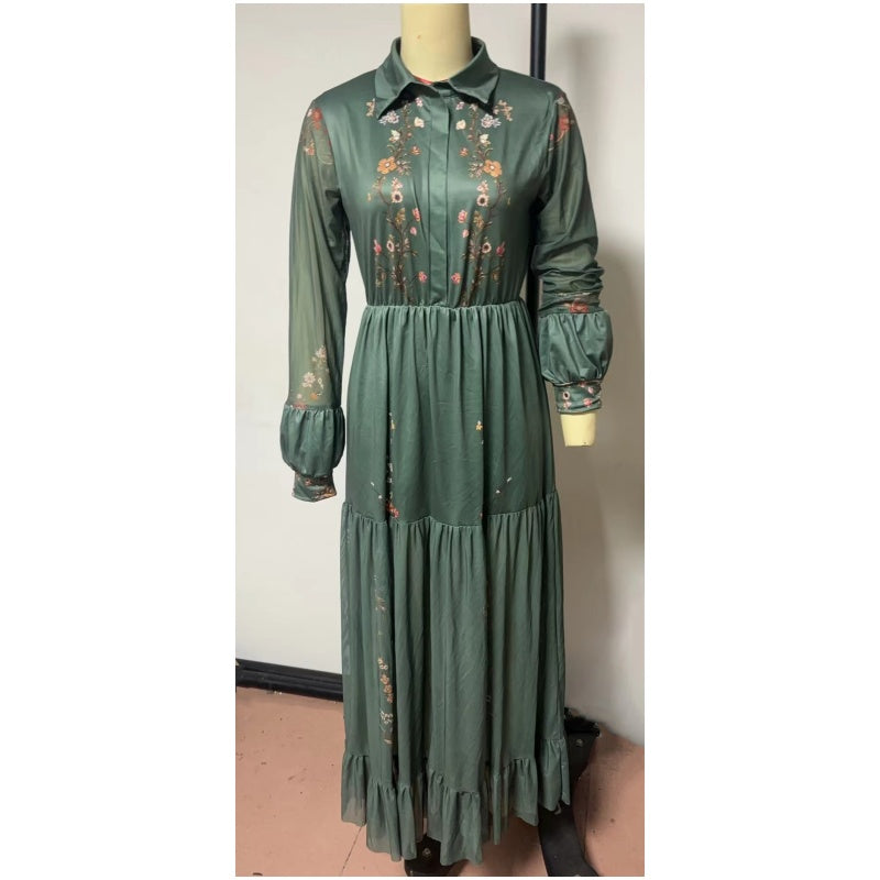 Fall Maxi Dress For Bohemian Retro Floral Print Sheer Sleeve Long Flowy Shirt Dress, Belt Not Included