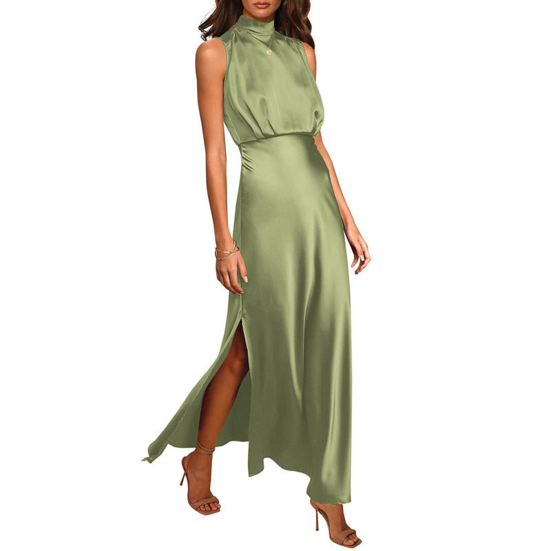 Satin Stand Collar Dress â€?Elegant High-Neck Silky Style